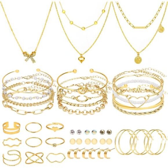 Gold Jewelry Set – Layered Necklaces, Bangles, Rings & Earrings Assortment - Picture 1 of 6